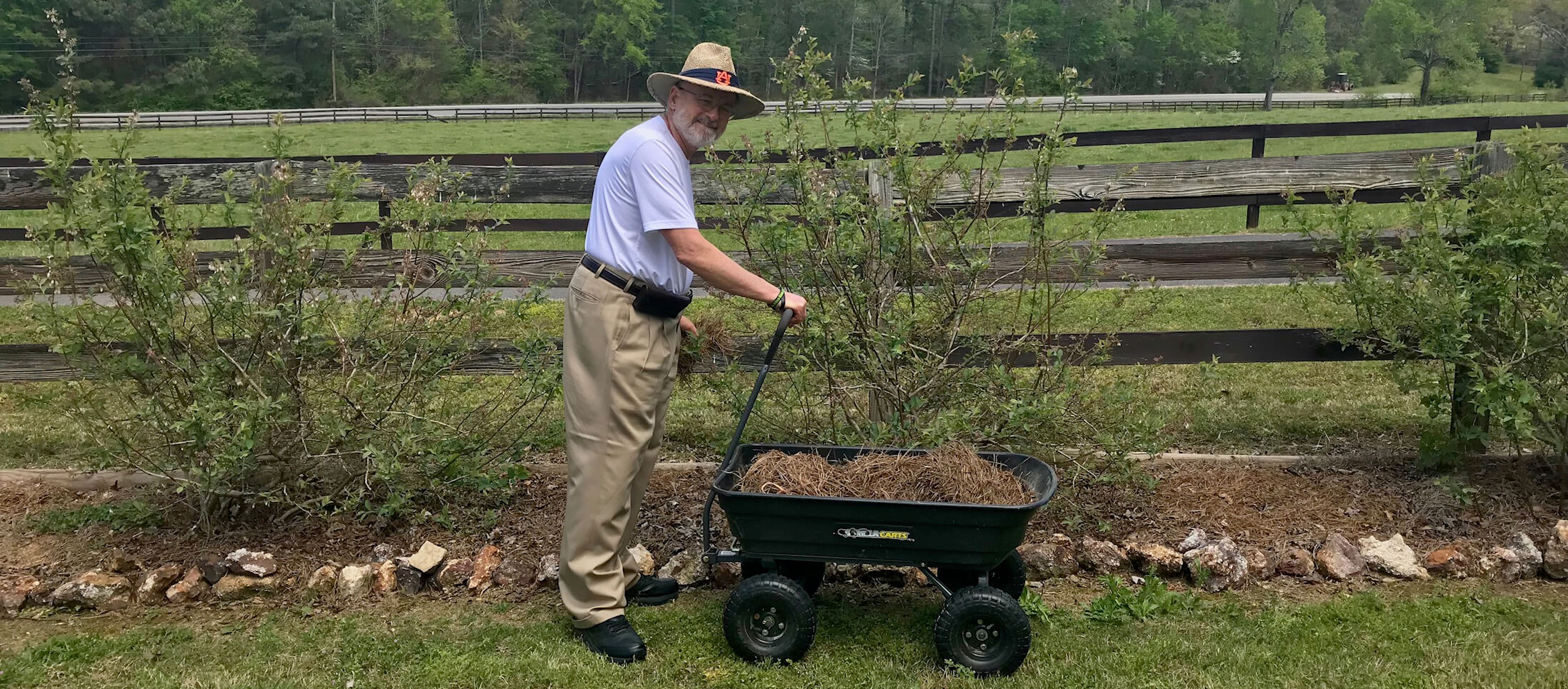 Guy standing in his garden with Gorilla cart